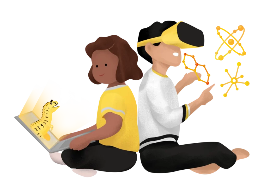 Illustration of children sitting. One reading, one wearing a virtual reality headset
